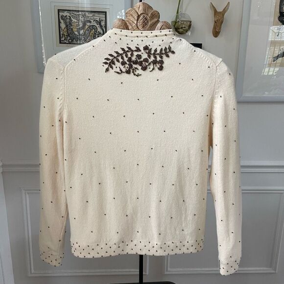 New NOS NWT Vintage 50s Beaded Pearl Button Cardigan Ivory Brown Wool S 40 - Picture 9 of 10